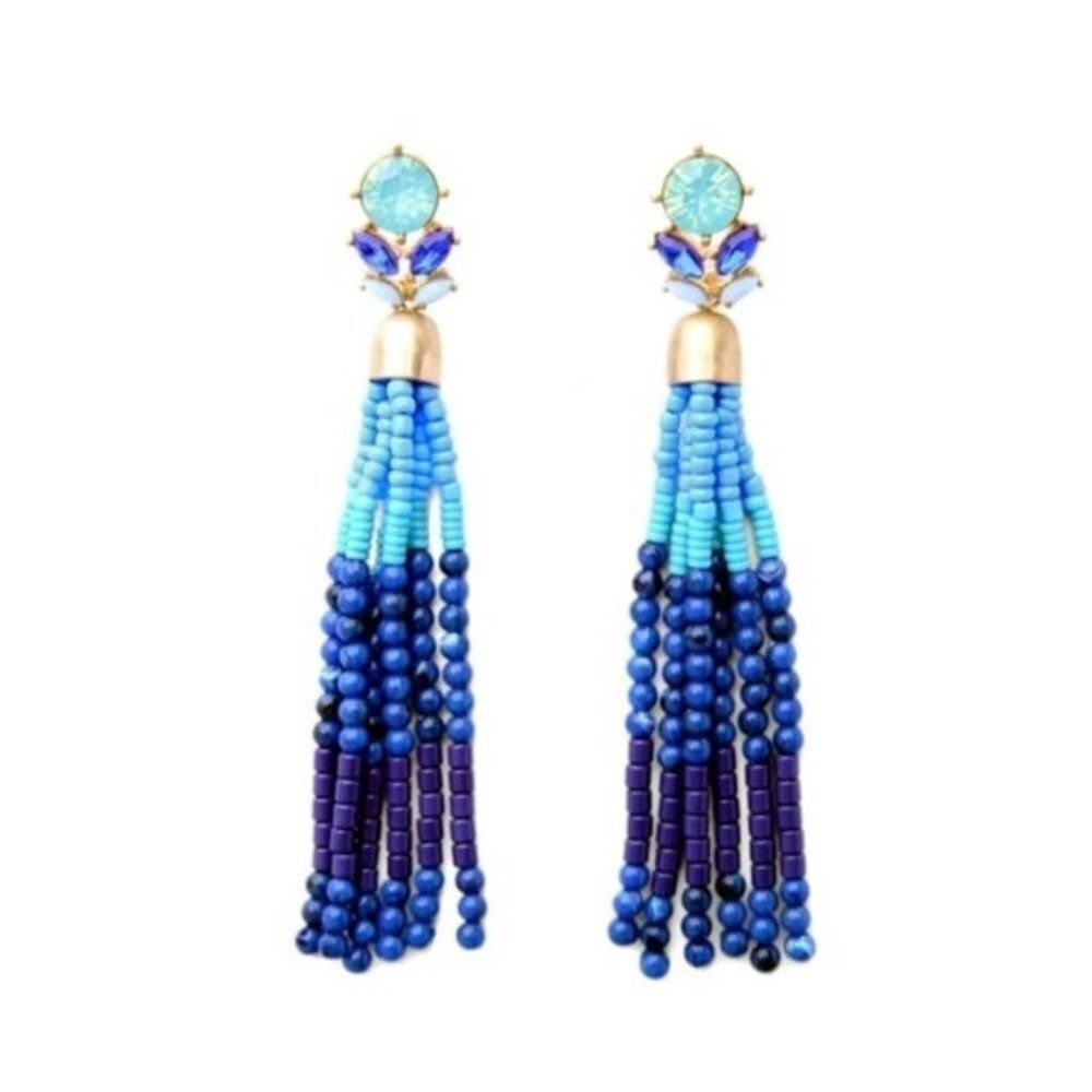 Sea Blue Rhinestone Beaded Tassel Fringe Vintage Gold Dangle Statement Earrings